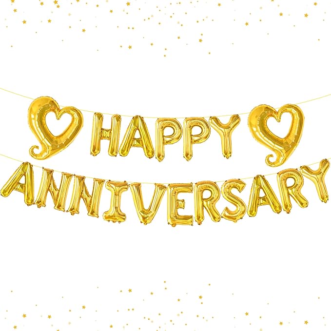KATCHON Gold Happy Anniversary Balloons Letters - 18 Inch, Heart Balloons Foil | Gold Happy Anniversary Banner for happy anniversary Decorations - Image 1